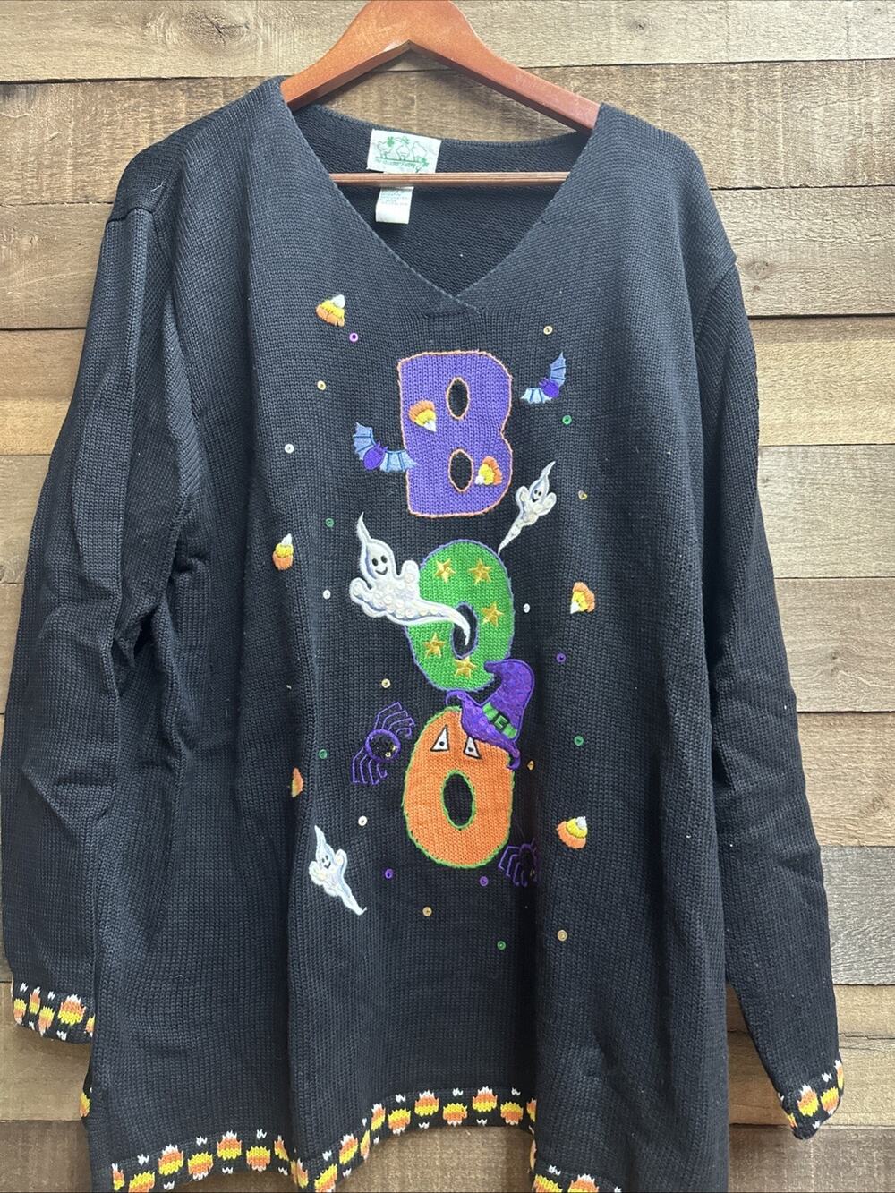 Quacker Factory Halloween Black Sweater "BOO" Ghosts Bats Candy Corn Trim Sz 1X